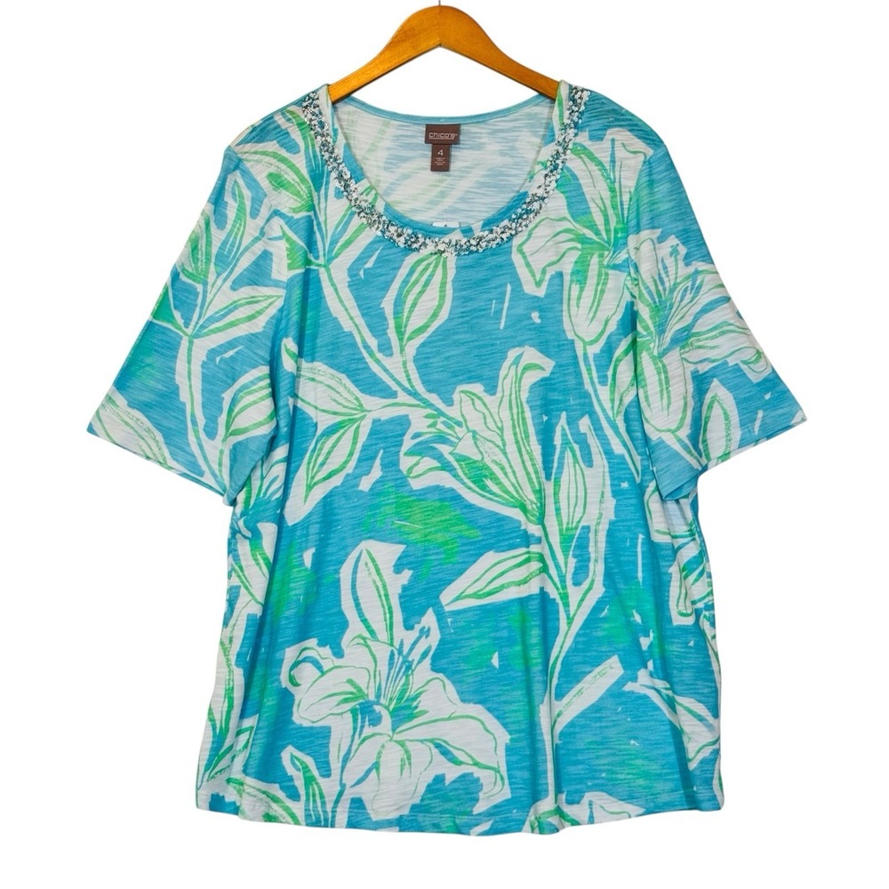 Chicos Top Women 4 Blue Green Floral Beaded Neckline NWT Artsy Beach XXL Resort